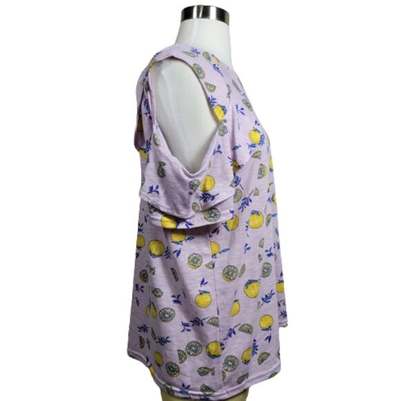 Juicy Couture Women's Lemon Print Purple Combo Ruffle Cold-Shoulder Top Size XL - Picture 4 of 8